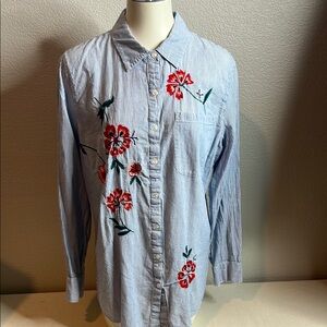 New York & Company Blue Striped Button-Down Shirt with Floral Embroidery